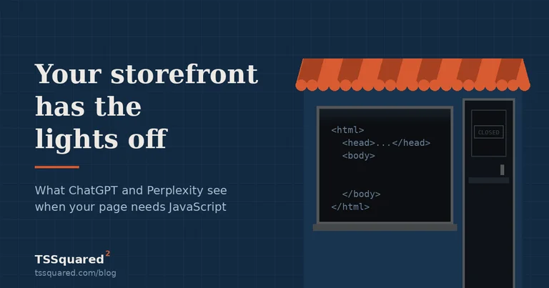 Illustration of a shop with an orange awning. The window is dark, and behind the glass is an empty HTML document.